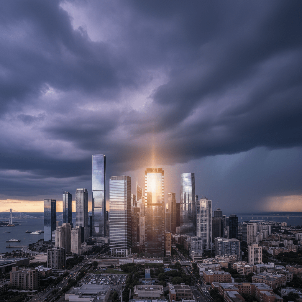 Modern city skyline with sunlight reflecting off a skyscraper under dark storm clouds.